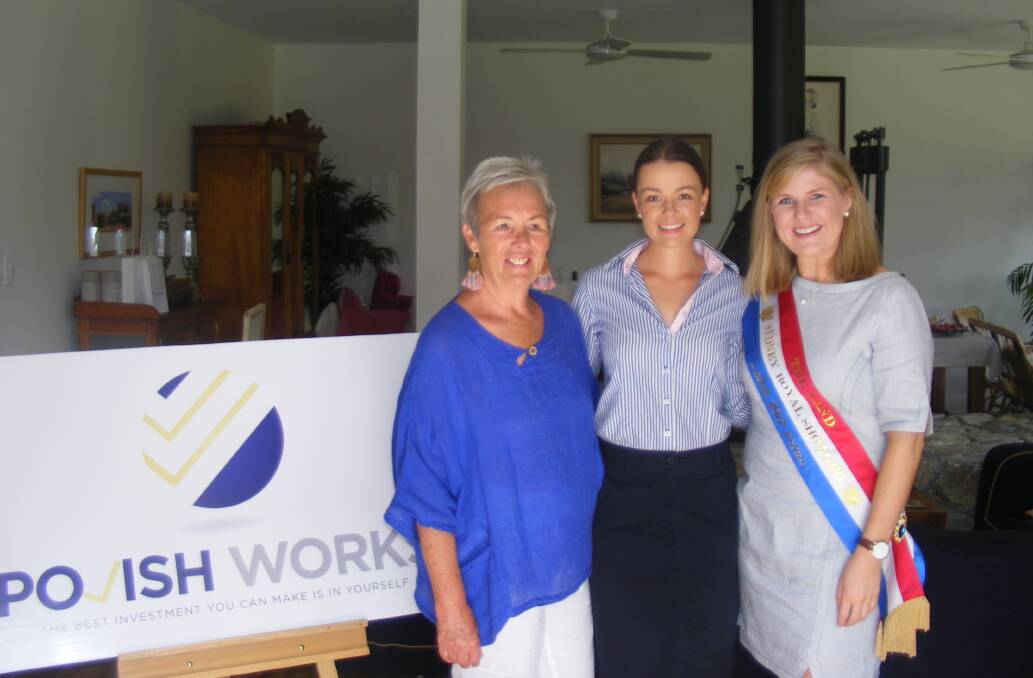 SHOW: Polish Works director Adi Ritchie, Armidale Showgirl Sophie Wood and current Sydney Royal Showgirl Maisie Morrow at the retreat. Picture: Supplied