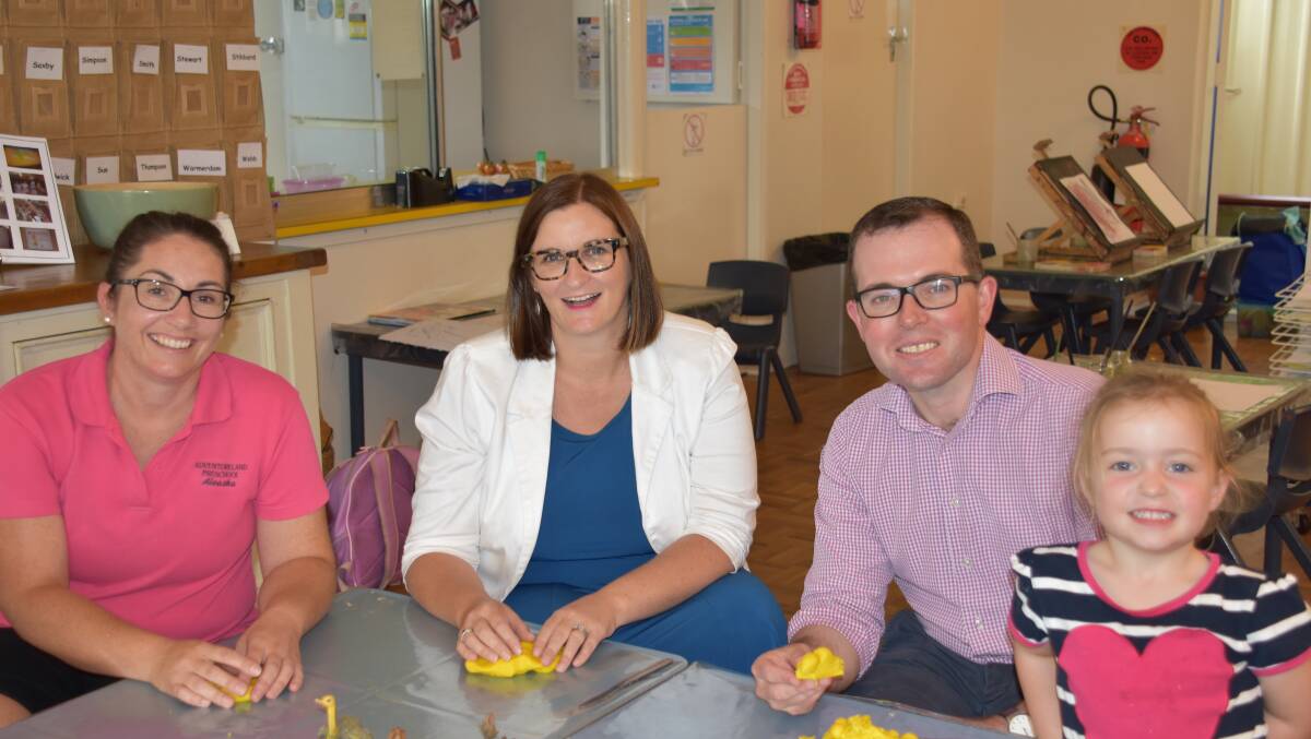 FUNDS: Director Alesha Thomas, Minister for Early Education Sarah Mitchell and MP Adam Marshall with Lara Stewart, 3, at the preschool.