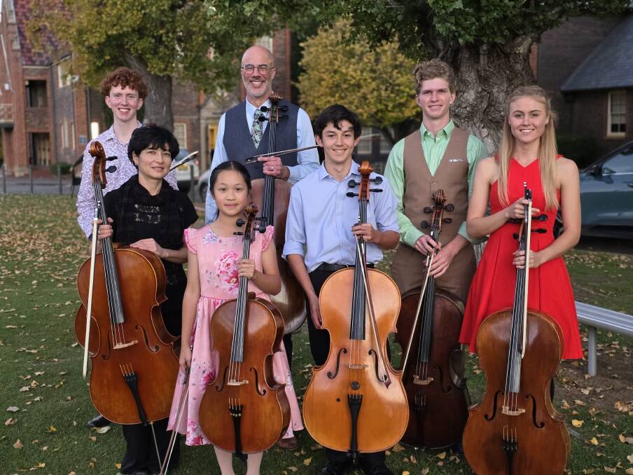 Melbourne Symphony Orchestra cellist Rohan de Korte with student performers at the Cellissimo! concert. Picture supplied