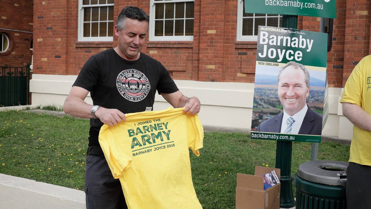 HAPPIER TIMES: Darren Chester campaigning for Barnaby Joyce in the recent by-election. Photo: Alex Ellinghausen