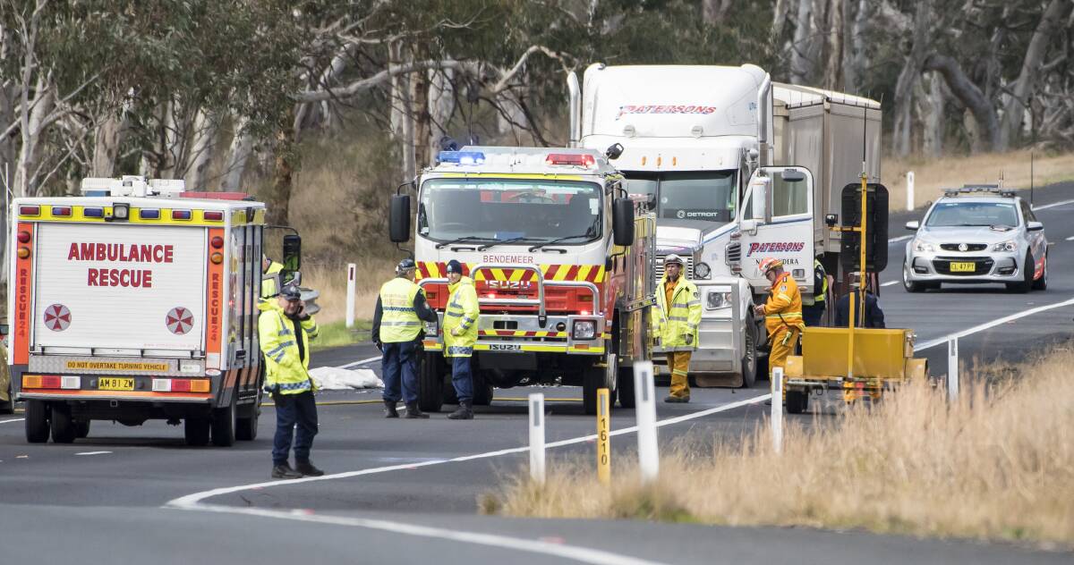 Fatal scene: Emergency services examine the crash site north of Bendemeer on Wednesday afternoon. Photo: Peter Hardin