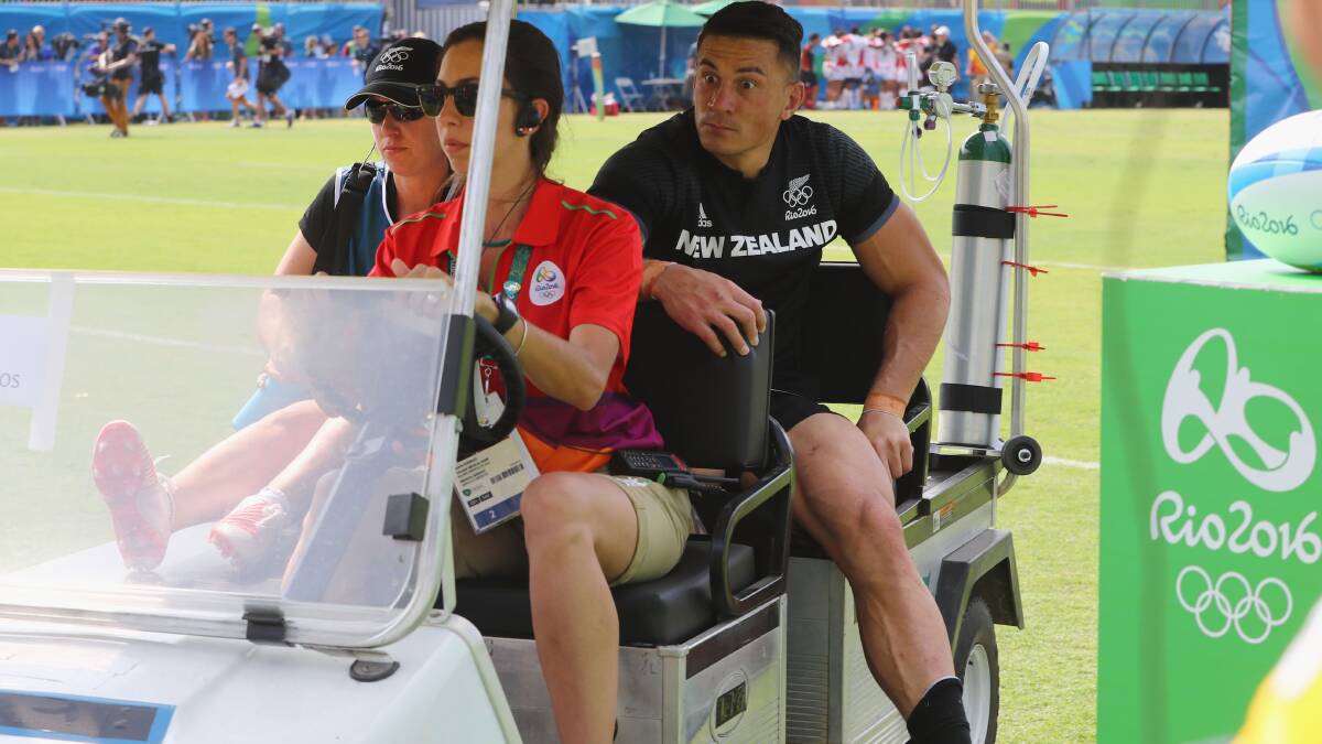 An injured Sonny Bill Williams of New Zealand is stretchered off during the Men's Rugby Sevens Pool C match between New Zealand and Japan on Day 4 of the Rio 2016 Olympic Games at Deodoro Stadium on August 9, 2016 in Rio de Janeiro, Brazil. Photo: David Rogers/Getty Images