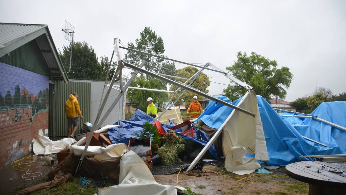 TRAIL OF DESTRUCTION: Marquees set up for the Guyra Lamb and Potato Festival were smashed in the storm.