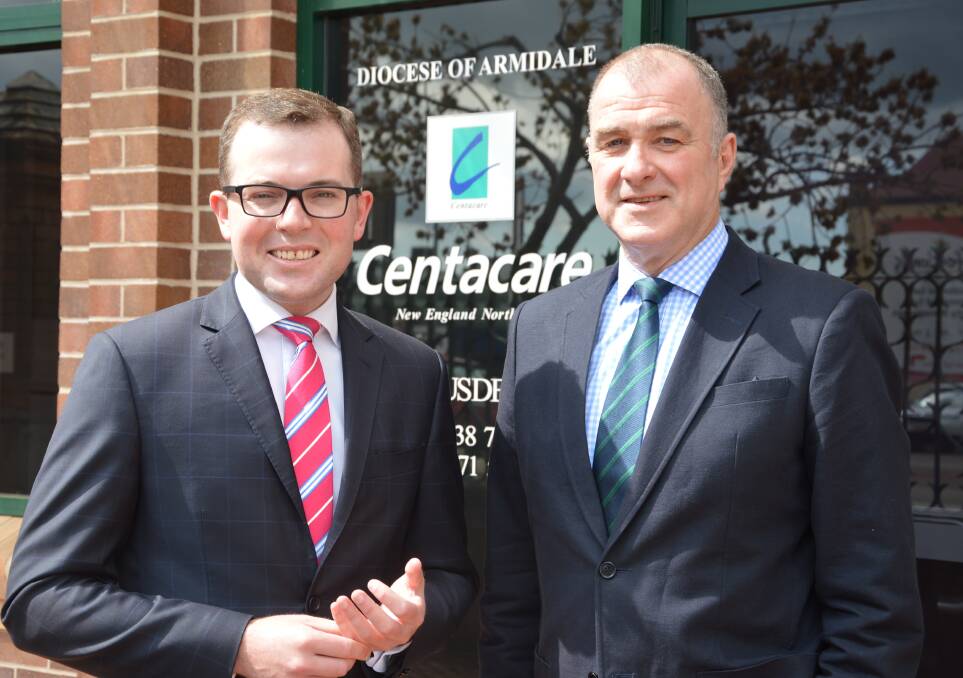 On track: Northern Tablelands MP Adam Marshall discusses the new $2.2 million funding and Youth on Track program with Centacare NENW CEO Fergus Fitsimmons outside the organisation’s head office in Armidale.