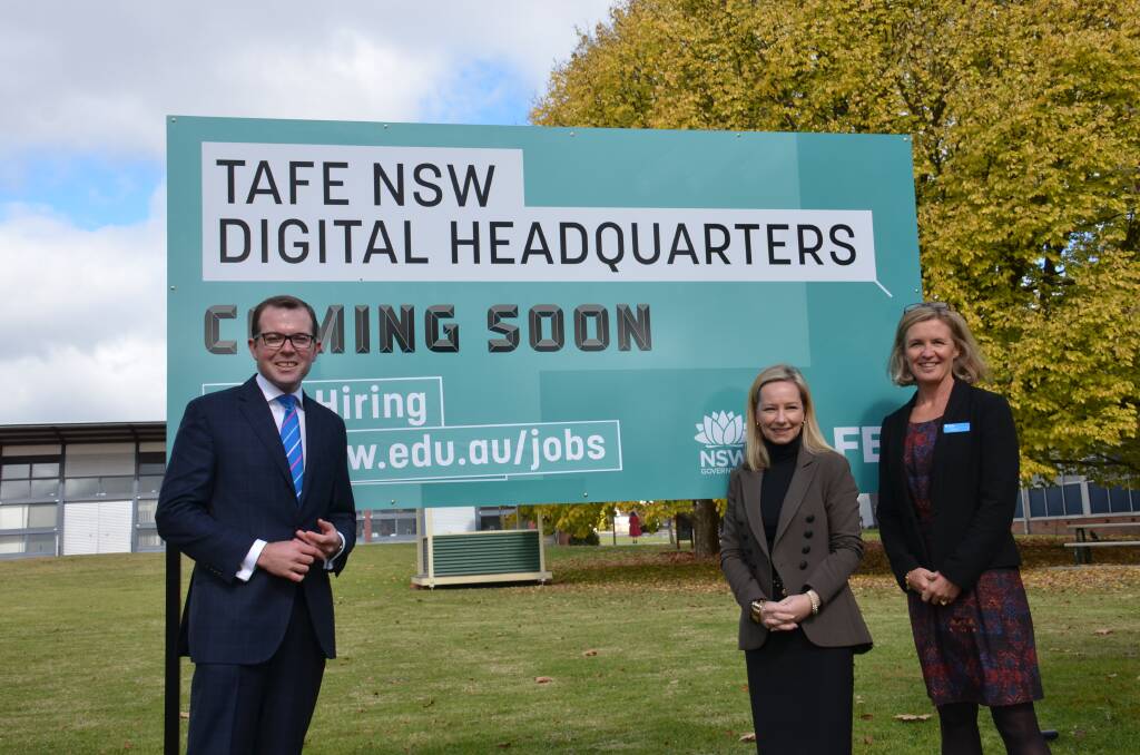 NOW HIRING: Northern Tablelands MP Adam Marshall, TAFE NSW Digital General Manager Megan Aitken and Lyn Rickard at the Armidale TAFE campus on Friday morning.