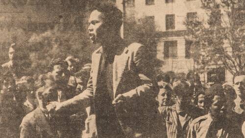 Indonesian seamen speaking at a pro-Indonesian demonstration in Wynyard Square on September 28, 1945.