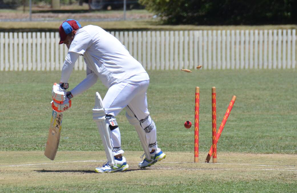 STRAIGHT THROUGH THE GATE: Ex-Services batsman Sandeep Sandhu fell victim to a Karl Triebe-classic on the second day of his side's clash with Armidale City. 