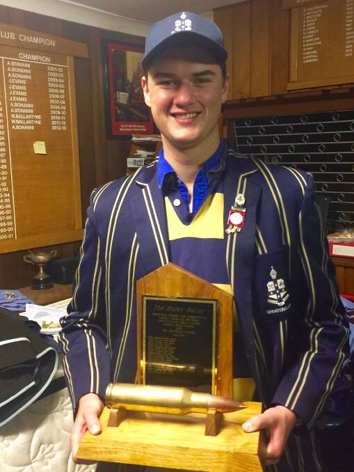 Tom Southwell with the Bisley Bullet trophy for the individual highest aggregate point score for shooters from TAS, Sydney Boys’ High and NEGS across the GPS competition.