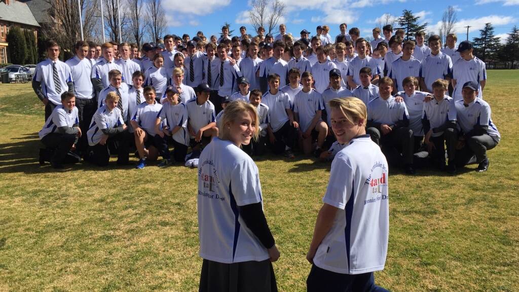 TAS students Disa Smart and Sam Jones (front), are expected to set the pace for the huge TAS City to Surf team of 154 which will don ‘Stand Tall for a Cure’ shirts to raise awareness of Muscular Dystrophy.