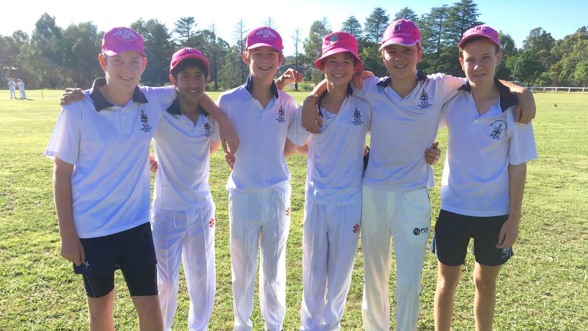 Members of the 16s TAS White team Ben Friend, Sid Nalliah, Henry Smith, Toby Smith, Finn Rose-Bristow and Kieran Dennis donned pink hats for the cause. 