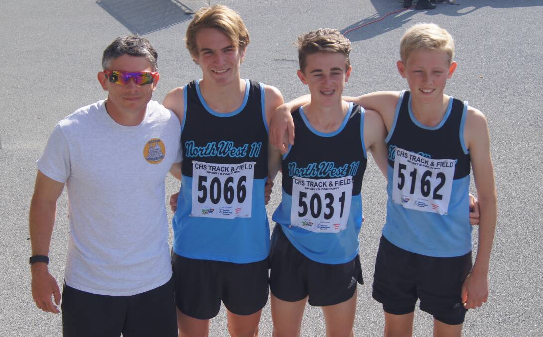 IMPRESSIVE PERFORMANCES: Steeplechasers Stuart Geddes, Matt Campion and Henry Sindel with Armidale Athletics' Jay Stone at the recent CHS championships at Sydney Olympic Park. 