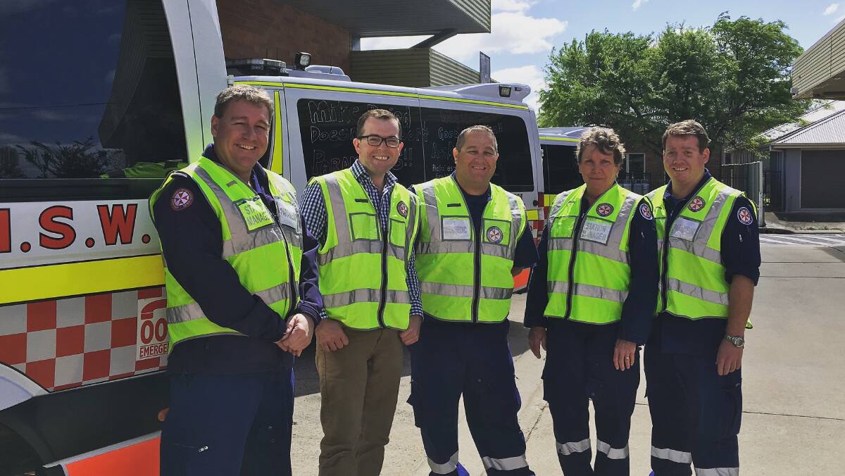 Brad Tindall, Northern Tablelands MP Adam Marshall, Clint McSpedden, Sue Baker and Scott Freestone during Mr Marshall's ride along with New England paramedics.