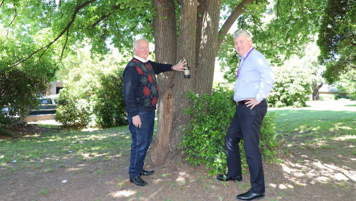 SMART URBAN FORESTS: ICT International Australia managing director Peter Cull with Armidale Regional Council CEO Peter Dennis with one of the tree monitoring devices that will be installed across Armidale.