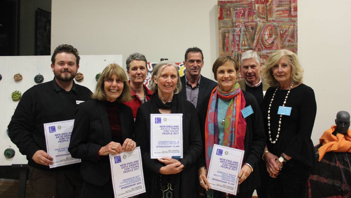 The recipients of the New England Arts Grants for Young People with ADFAS chairman Libby Davis (right).