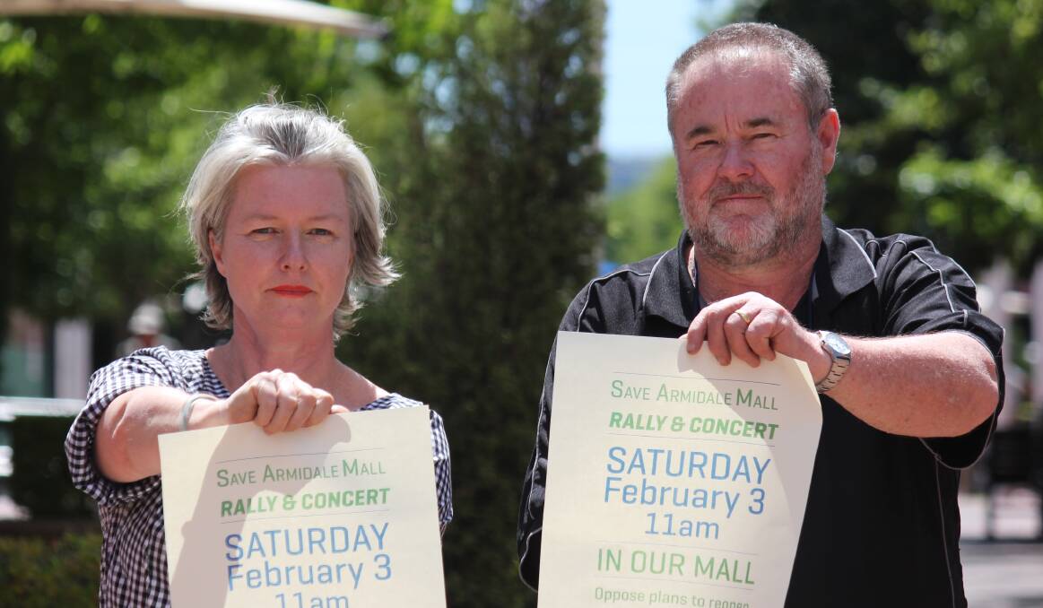 MALL OUTRAGE: Save the Armidale Mall committee members Michelle Wheatley and Rod Carr have organised a rally against the $4.6 million redevelopment.