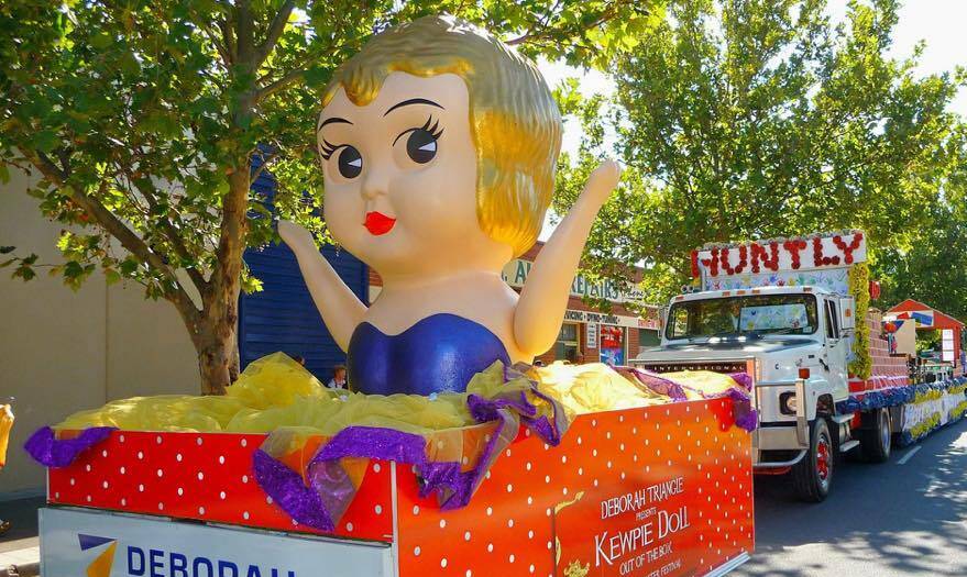 OUTSIDE THE BOX: Giant Kewpie dolls from the Sydney Olympic Games closing ceremony are now scattered across the land. One of them, Violet, is in Bendigo, the property of funeral director Simon Mulqueen. Picture:  CONTRIBUTED
