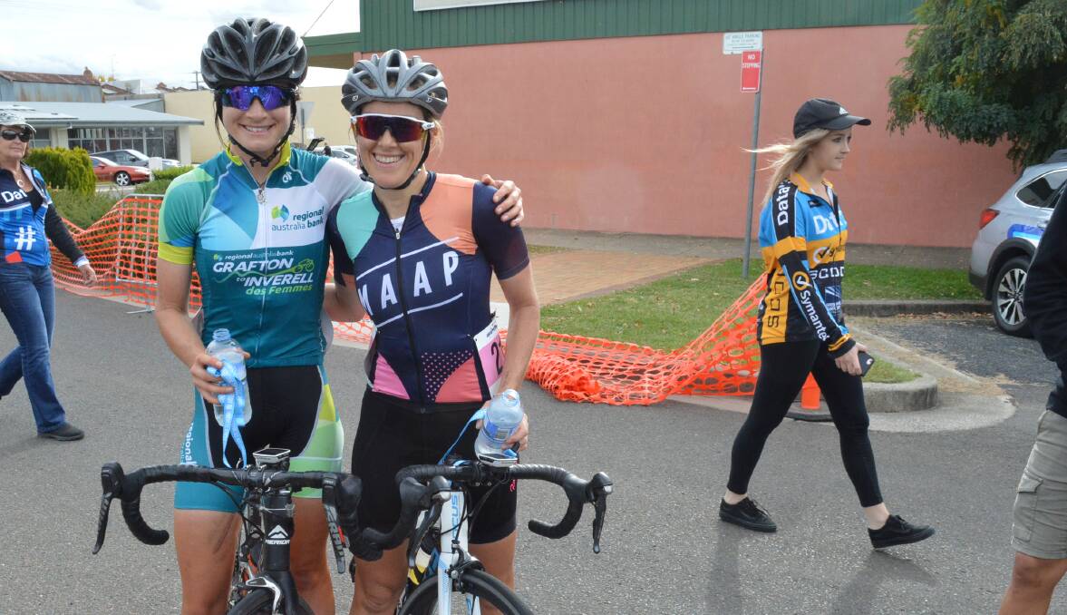 Holly Harris and Bree Wilson celebrate after the 2017 Grafton to Inverell. Photo: Harold Konz.