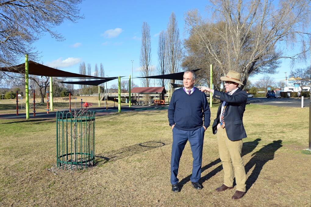 PLANNING PARKS: Armidale Regional Council Mayor Simon Murray and Northern Tablelands MP Adam Marshall discuss council’s plans to construct a regional children’s playground at Curtis Park.