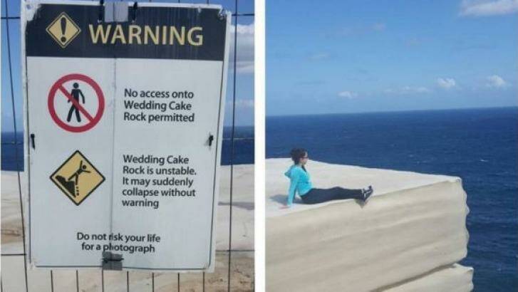 #sorrynotsorry: A sightseer posts a photo of the warning sign, beside a photograph of a woman sitting on Wedding Cake Rock Photo: Instagram