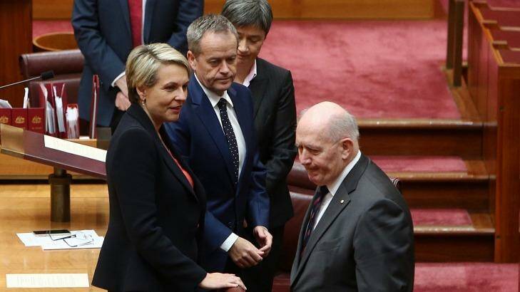 Sir Peter declines to shake the hand of Ms Plibersek. Photo: Andrew Meares