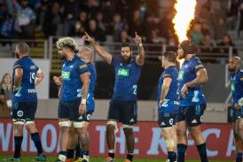 The Blues celebrate a win at Eden Park, which hasn't been a happy hunting ground for the Brumbies. (Brett Phibbs/AAP PHOTOS)