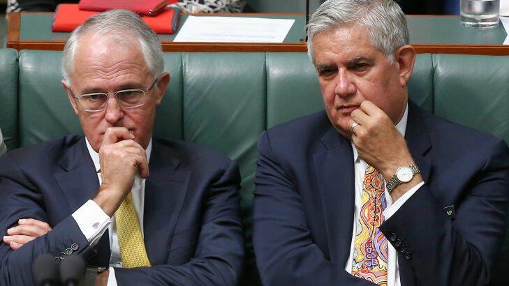Assistant Minister for Health Ken Wyatt and Prime Minister Malcolm Turnbull after he tabled the Closing the Gap statement in the House of Representatives at Parliament House in Canberra on Wednesday 10 February 2016. Photo: Alex Ellinghausen