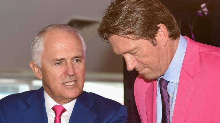Prime Minister Malcolm Turnbull talks to Glenn McGrath at the McGrath High Tea during day three of the third Test match between Australia and the West Indies at Sydney Cricket Ground. Photo: Cameron Spencer