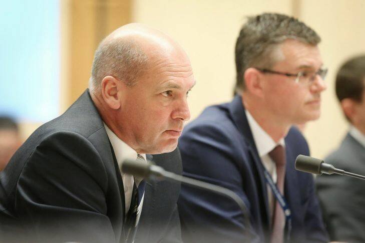 President of the Senate Stephen Parry and Rob Stefanic, Secretary of the Department of Parliamentary Services, during a Senate estimates hearing at Parliament House in Canberra on Monday 23 October 2017. fedpol Photo: Alex Ellinghausen 