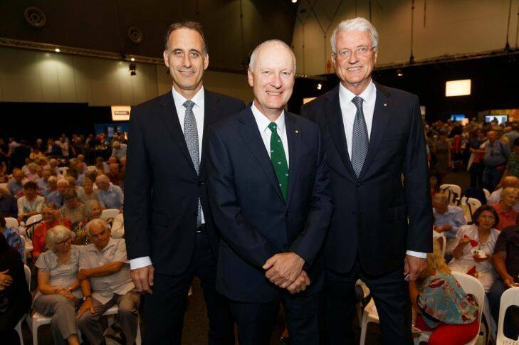 Wesfarmers AGM in Perth, Nov 16, 2017. Rob Scottt, Richard Goyder and Michael Chaney before the meeting got underway. . photo by Trevor Collens.  .