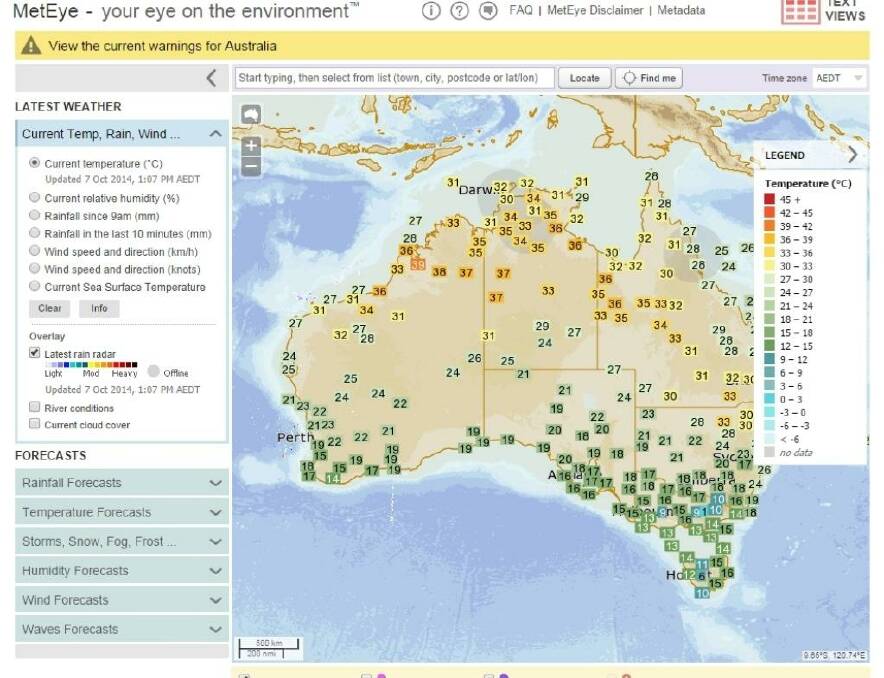 MetEye allows you to pinpoint within a six-square-kilometre area what the forecast is for your suburb or rural area over the next week. Photo: Bureau of Meteorology