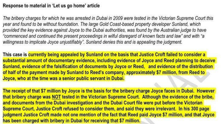 Extract of Ms Holzapfel's four-page defence of Sunland - the highlighted section shows just part of the statement that later appeared in Mr Robert's speech to Parliament. Photo: Supplied 