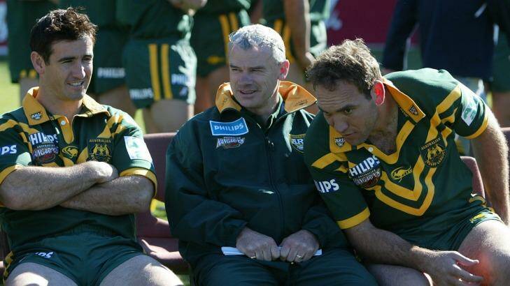 League warning: Chris Anderson, centre, with Andrew Johns and Gorden Tallis during his time as Australian coach. Photo: Steve Christo SCZ