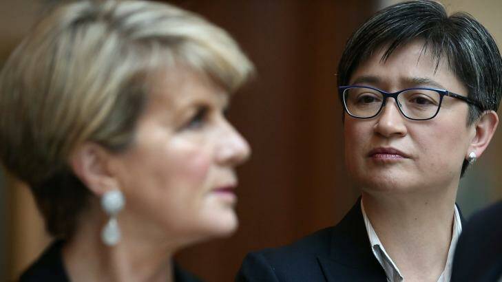 Foreign Affairs Minister Julie Bishop and Labor's foreign affairs spokeswoman Senator Penny Wong in Canberra last week. Photo: Alex Elilnghausen
