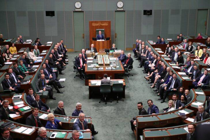 Prime Minister Malcolm Turnbull and Opposition Leader Bill Shorten pose for a photograph with all members if the House prior to question time at Parliament House Canberra on Tuesday 20 June 2017. Photo: Andrew Meares 