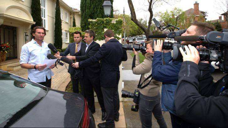 James Hird fronts the media outside his Toorak home. Photo: Jason South