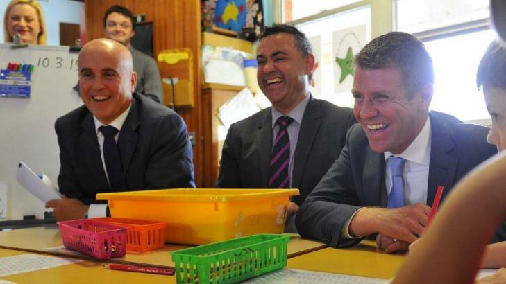 Education Minister Adrian Piccoli, Skills Minister John Barilaro (centre) and NSW Premier Mike Baird. Photo: Jay Cronan