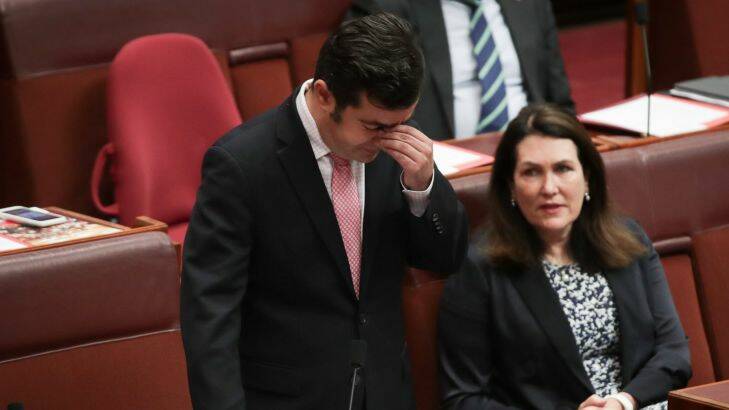 Senator Sam Dastyari delivers a statement to the Senate, at Parliament House in Canberra on  Thursday 30 November 2017. fedpol Photo: Alex Ellinghausen