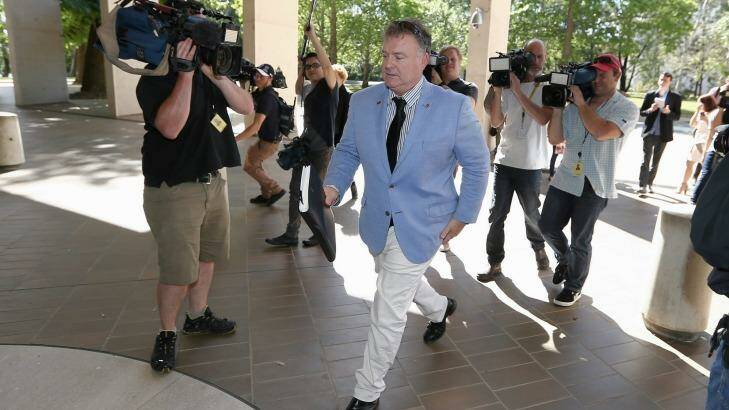 One Nation senator Rod Culleton arrives for his appearance at the High Court in Canberra. Photo: Alex Ellinghausen
