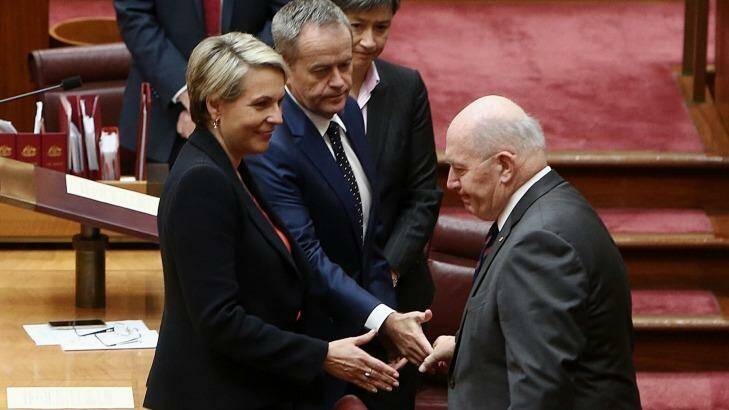 Deputy Opposition Leader Tanya Plibersek and Oppostion Leader Bill Shorten offer their hands to Governor-General Sir Peter Cosgrove after the opening of the Parliament during a joint sitting in the Senate chamber at Parliament House. Photo: Andrew Meares