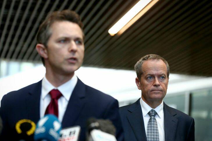Labor MP Jason Clare and Opposition Leader Bill Shorten address the media at a doorstop interview during a visit to the UWS Launch Pad Smart Business Centre.
Election 2016 on Opposition Leader Bill Shorten's campaign. Photo: Alex Ellinghausen Monday 13 June 2016. Photo: Alex Ellinghausen