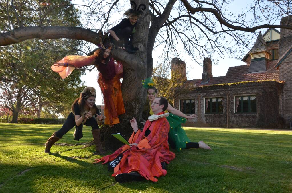MIDSUMMER MADNESS: Quince, played by Andrew Cockroft-Penman, is surrounded by Puck (Nicole Farrell), Titania (Lisa Goldzieher), another Puck (Ashlee Cooze) and Moth (Leigha Saunderson).