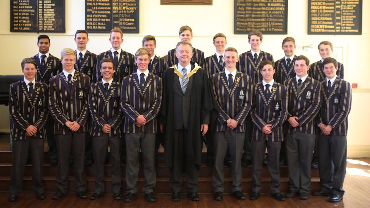 The Prefects of The Armidale School for 2014-15 are back row, (left to right) Wayne Mumbulla (Moree), Joe Makeham (Walcha), Thomas Gall (Walcha), Lachlan Pollard (Armidale), Lachlan McDonald (Armidale), Klaebourne (KB) Fergusson (Armidale), Thomas Stier (Armidale), Will Waterson (Armidale), George Sedgwick (Barraba). Front row: Will Archer (Nambucca Heads), Ben MacDougall (Armidale), Liam Howard (Port Macquarie), Senior Prefect Jack Bennett (Kempsey), Headmaster Murray Guest, Deputy Senior Prefect Harry Wright (Armidale), Deptuy Senior Prefect Nicholas Finney (Narrabri), Max Alcorn (Armidale), Samuel Redhead (Armidale).