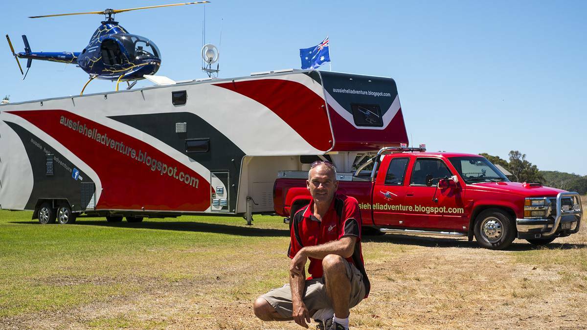 AUGUSTA-MARGARET RIVER MAIL: Graeme Harrison spent the better part of his 40s and half a million dollars building the trailer and helicopter in this photograph, and now he's using them to travel around Australia. Photo: Sandy Powell/Augusta-Margaret River Mail.
