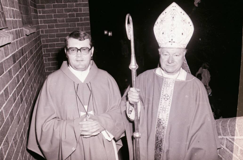 JAILED: John Farrell with Bishop Henry Kennedy at his 1981 ordination