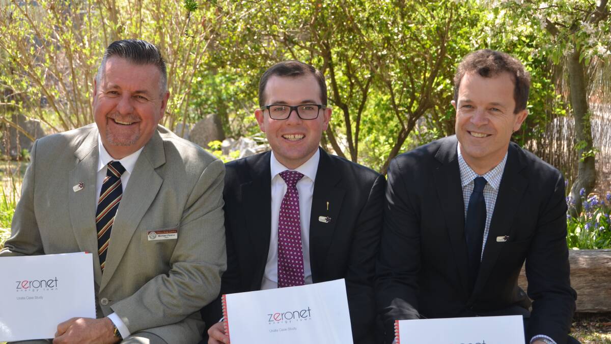 ENERGISED: Uralla Mayor Michael Pearce, Northern Tablelands MP Adam Marshall and Minister of Environment and Heritage Mark Speakman yesterday.