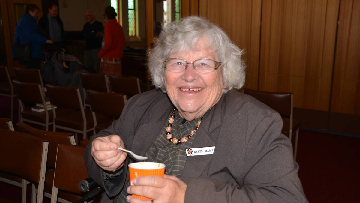 SOUPED UP: Beryl Hamel helps boost the Uniting Church’s christmas appeal one spoonful at a time.
