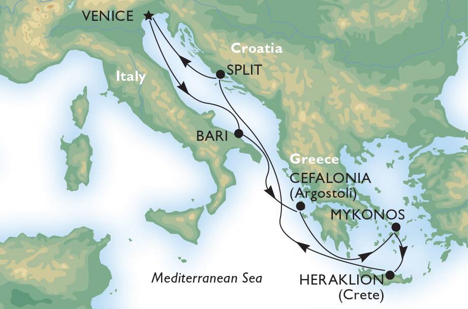 Explore by ship Venice to the Greek Islands. Map MSC Cruises