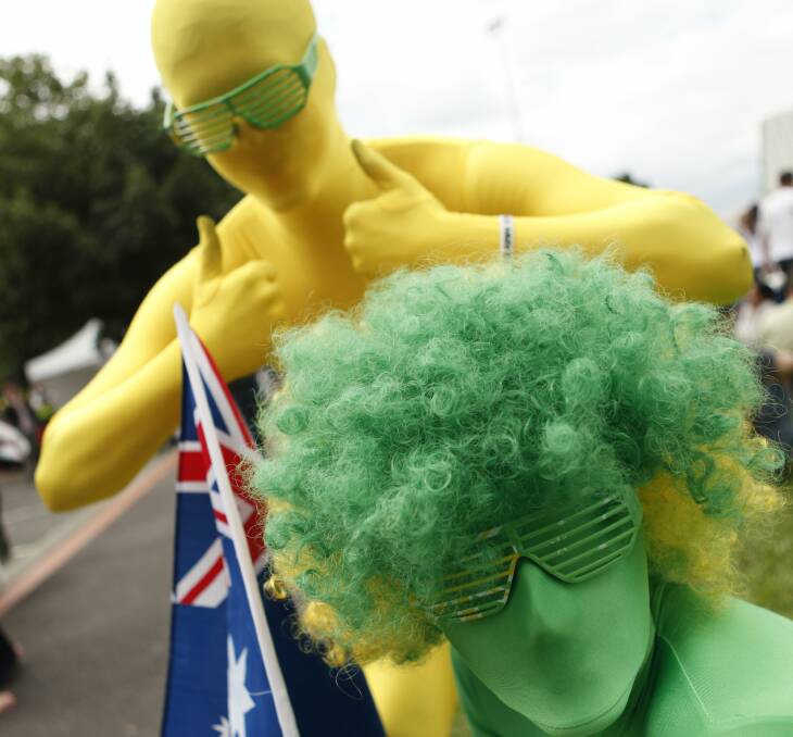 
Gold man Harrison Steed and Green man Pat McLucas get in the spirit at Whitehorse Australia Day concert. Picture by Chris Hopkins