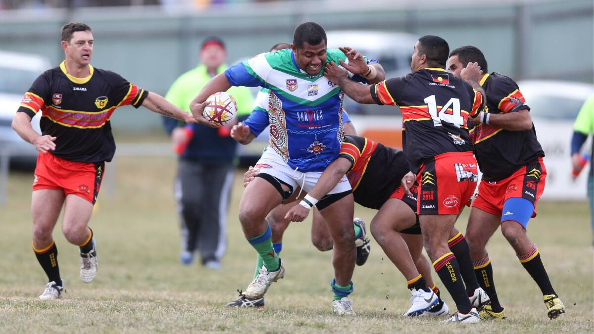 WRECKING BALL: Armidale Rams Fijian enforcer Apakuki Mate almost busts through against the Moree Boomerangs at Rugby League Park two weeks ago. He will be vital to the Rams run into the finals.