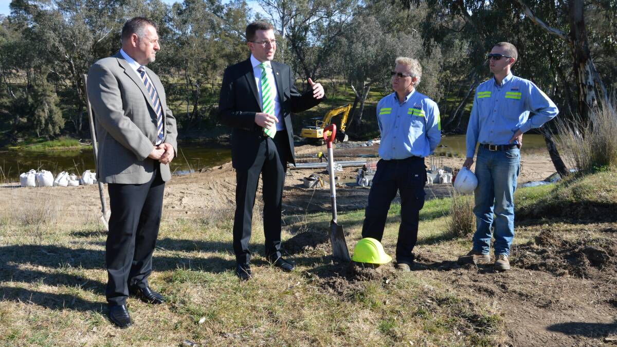 Uralla Shire Mayor Michael Pearce, Northern Tablelands MP Adam Marshall with Civilbuild Project Manager Jarrod Buttsworth and David Tolmie at the construction site of the new Emu Crossing Bridge at Bundarra.